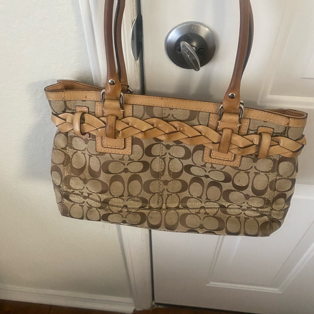 Coach Hampton Tan Signature Brocade Braided Leather Accents Shoulder Bag